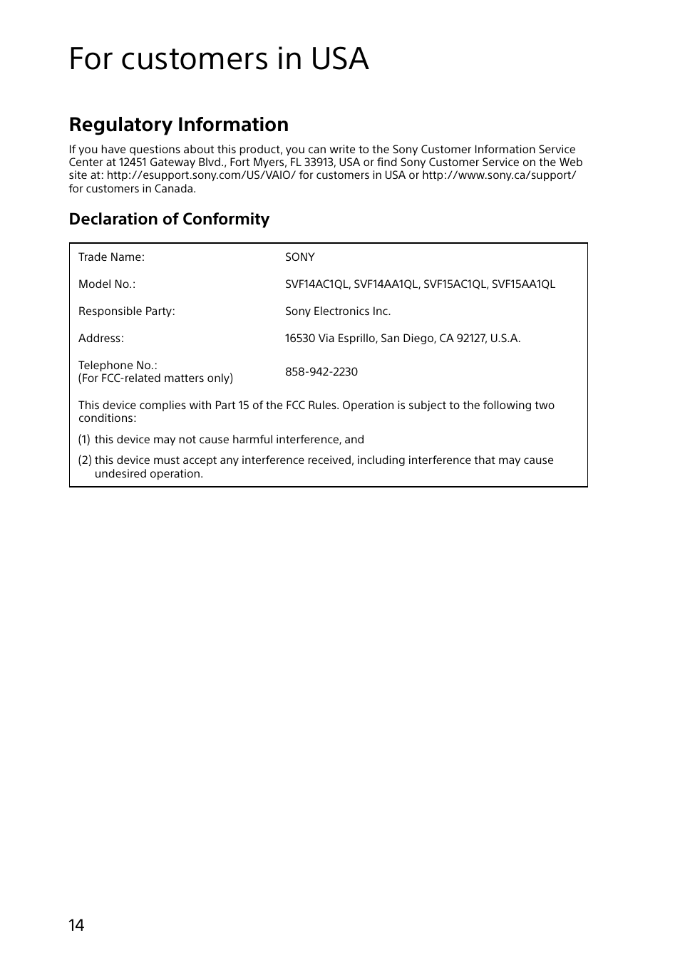 For customers in usa, Regulatory information, Declaration of conformity | Sony SVF14A14CXP User Manual | Page 14 / 32