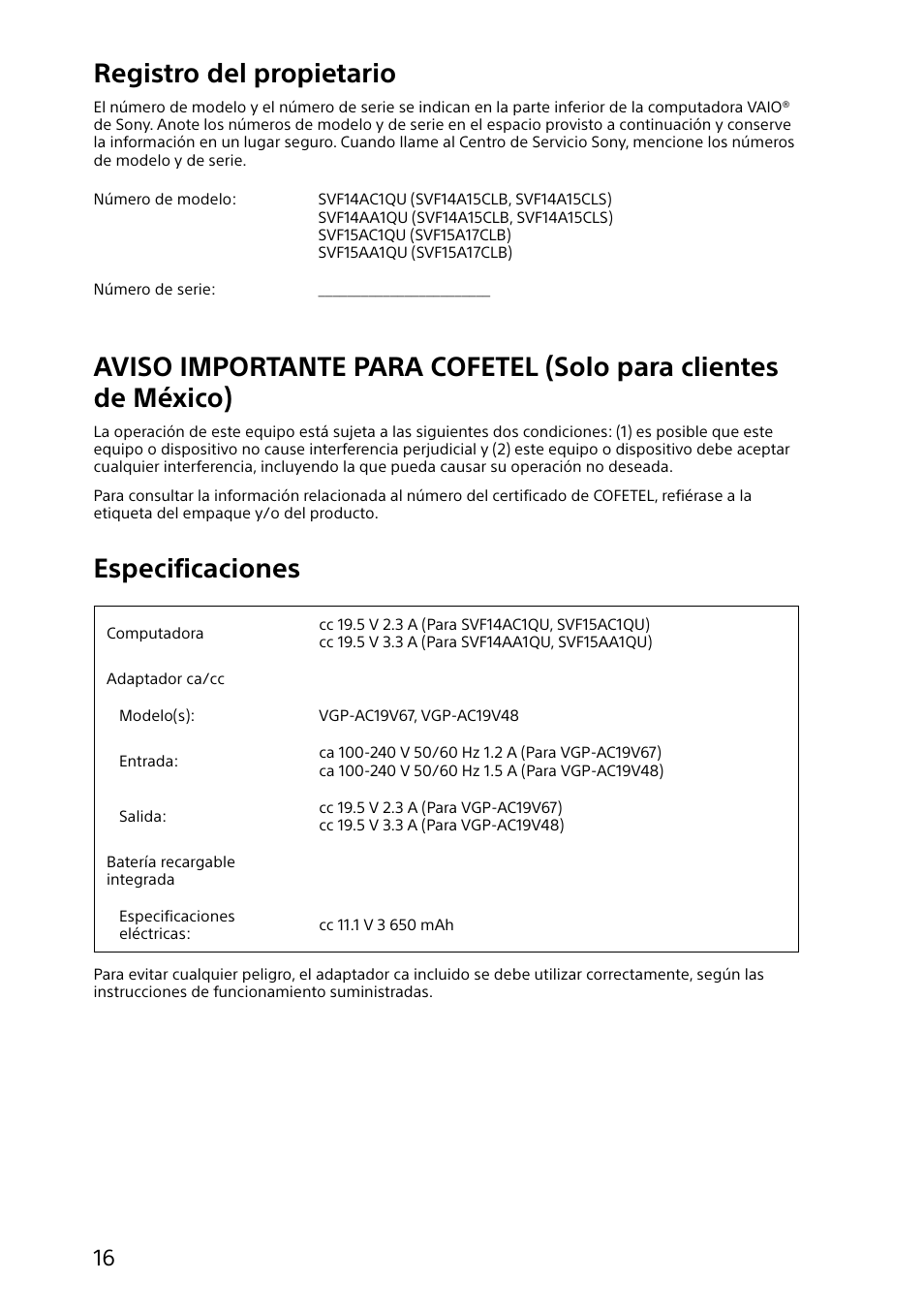 Registro del propietario, Especificaciones | Sony SVF14A14CXP User Manual | Page 16 / 32