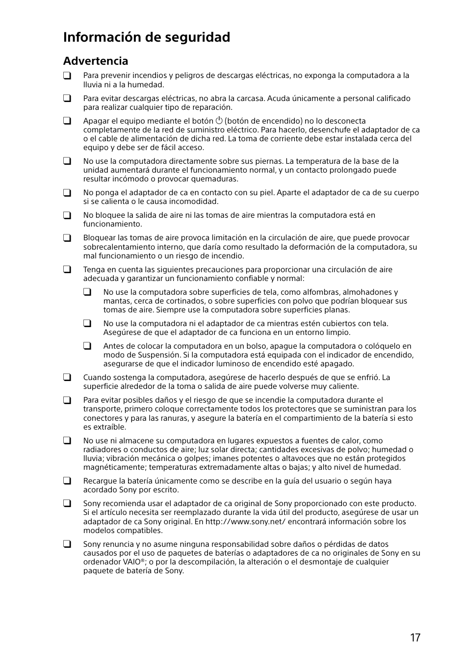 Información de seguridad, Advertencia | Sony SVF14A14CXP User Manual | Page 17 / 32