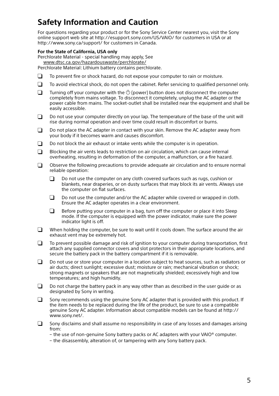 Safety information and caution | Sony SVF14A14CXP User Manual | Page 5 / 32
