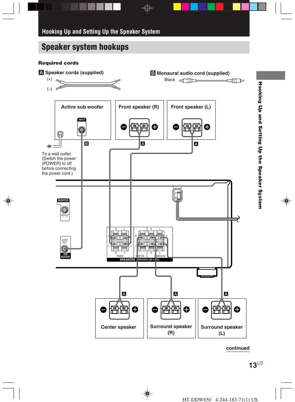 Hooking up and setting up the speaker system, Speaker system hookups, Ee e e | Sony HT-DDW650 User Manual | Page 13 / 48