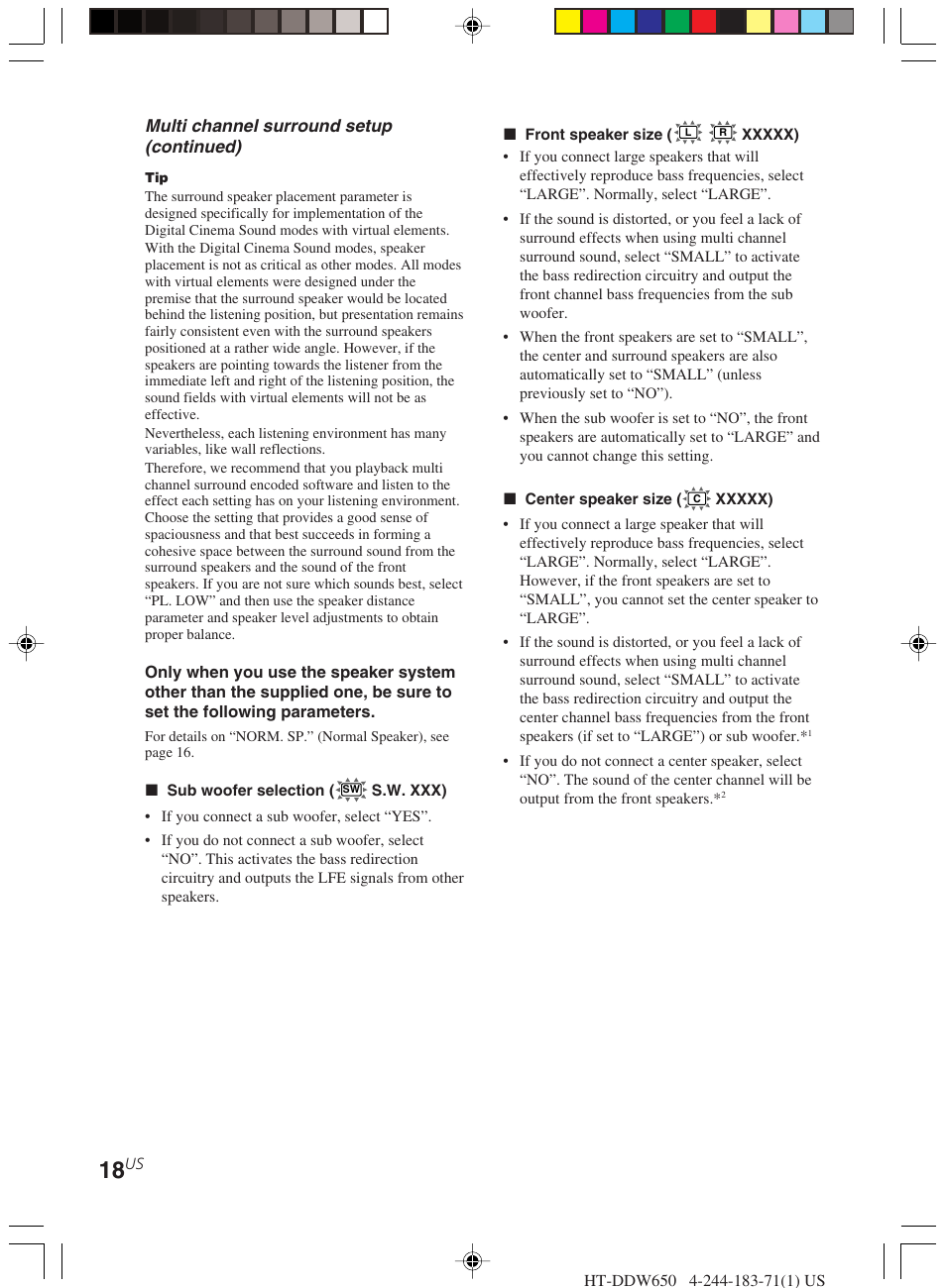 Multi channel surround setup (continued) | Sony HT-DDW650 User Manual | Page 18 / 48