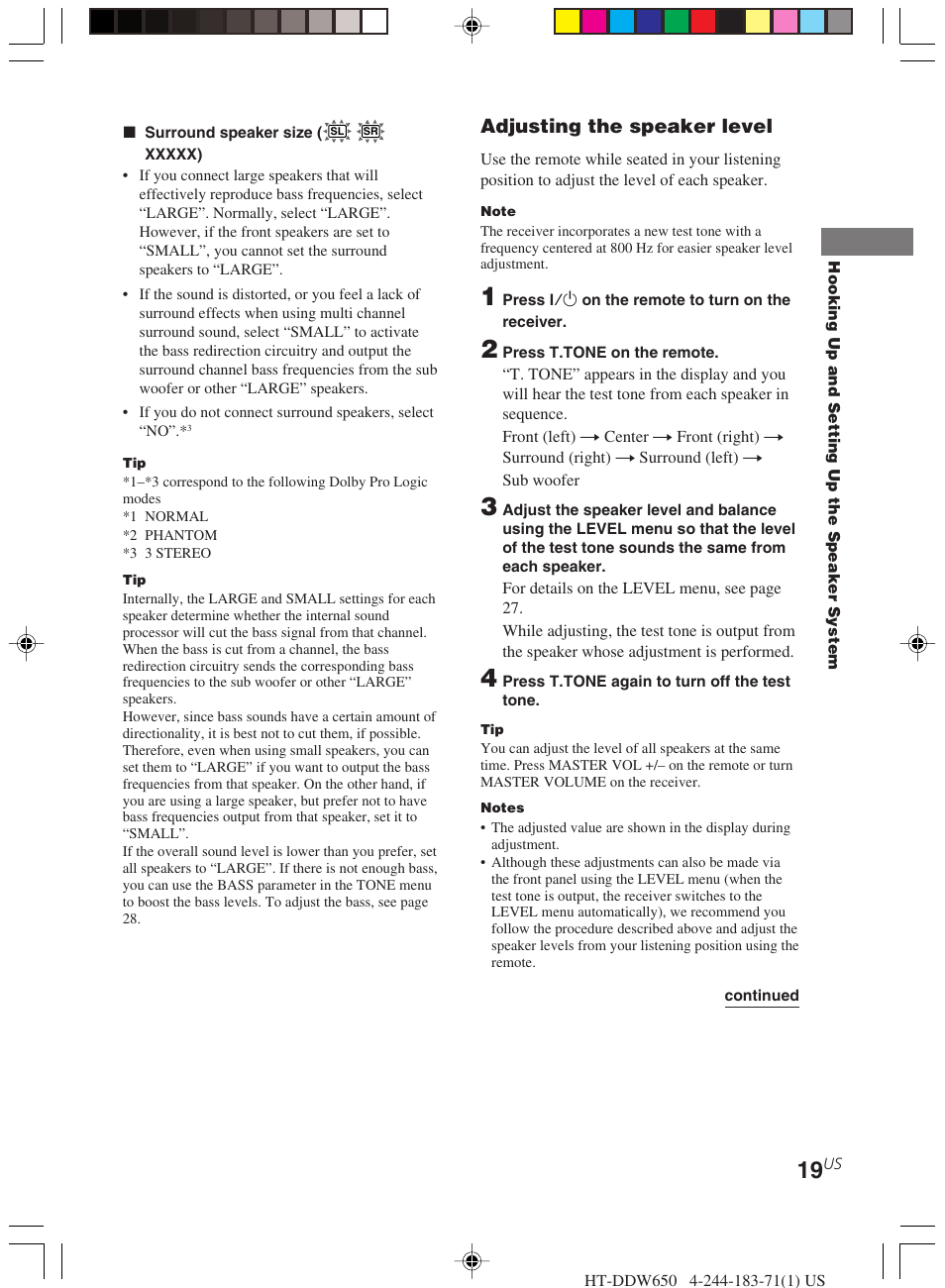 Adjusting the speaker level | Sony HT-DDW650 User Manual | Page 19 / 48