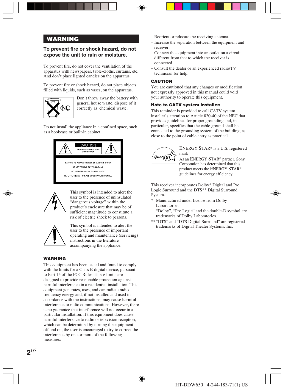 Warning | Sony HT-DDW650 User Manual | Page 2 / 48