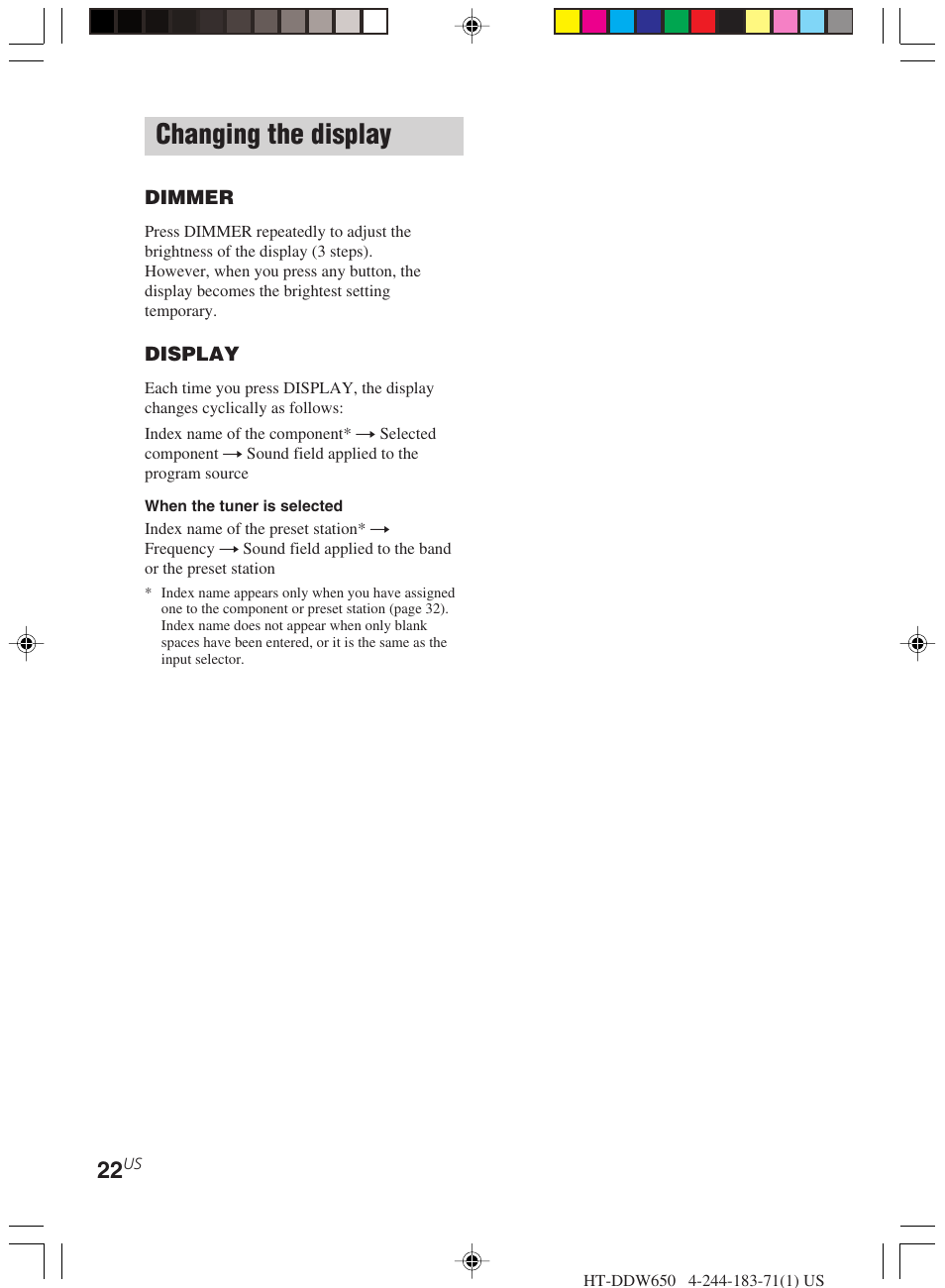 Changing the display | Sony HT-DDW650 User Manual | Page 22 / 48