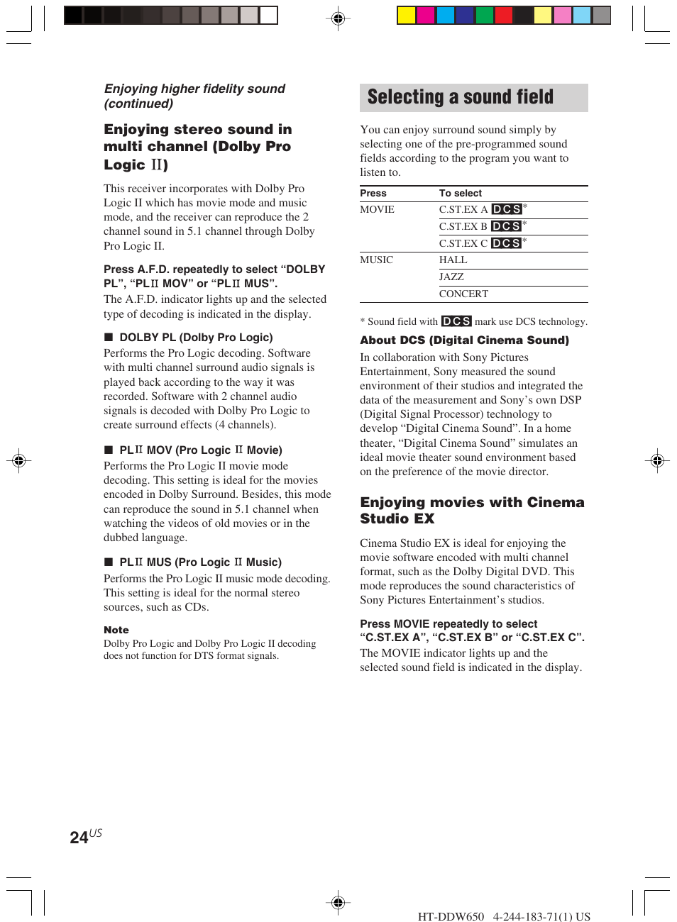 Selecting a sound field | Sony HT-DDW650 User Manual | Page 24 / 48
