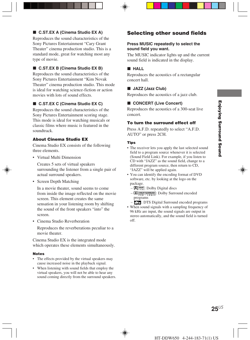 Selecting other sound fields | Sony HT-DDW650 User Manual | Page 25 / 48