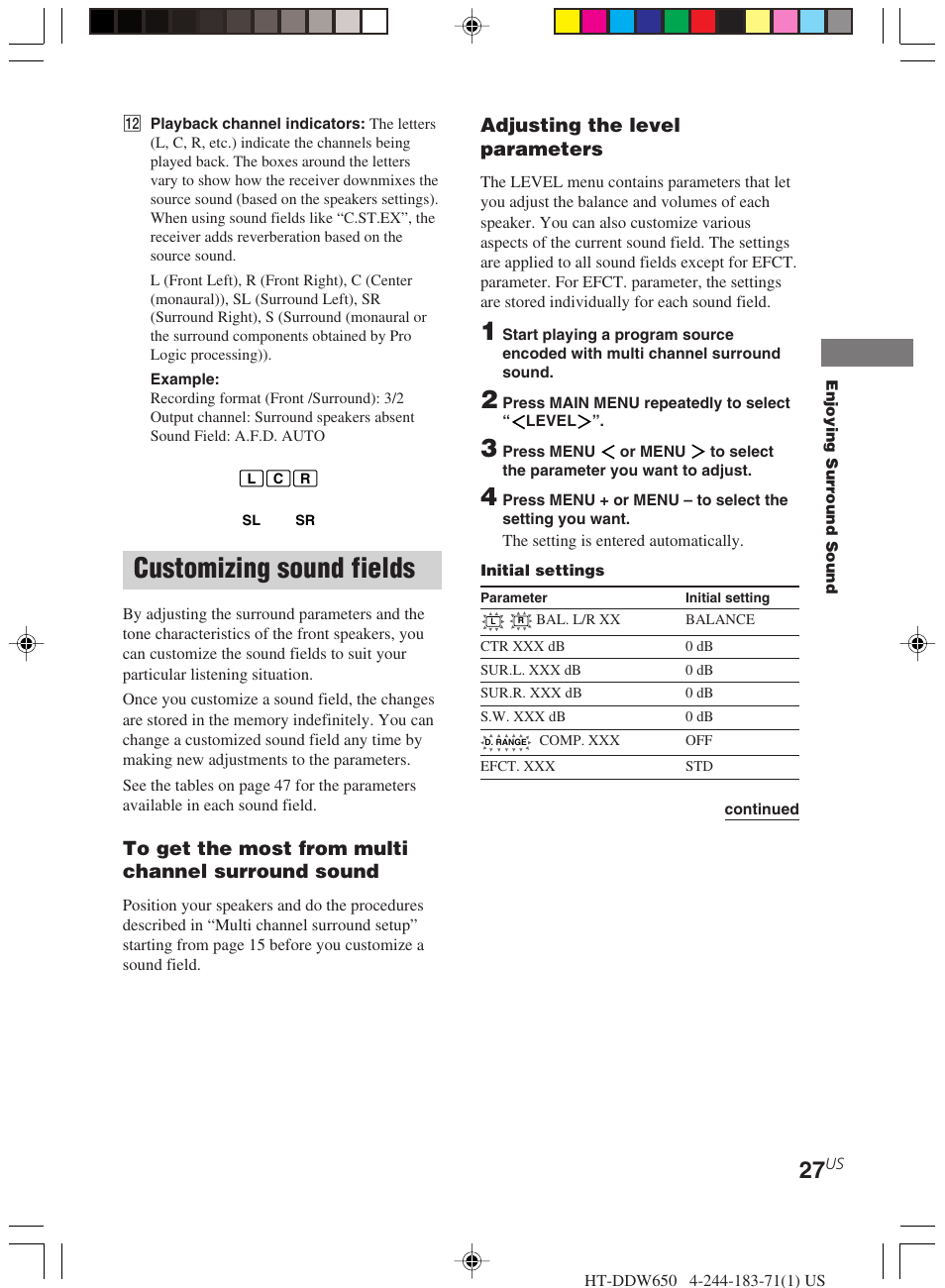 Customizing sound fields, Adjusting the level parameters | Sony HT-DDW650 User Manual | Page 27 / 48