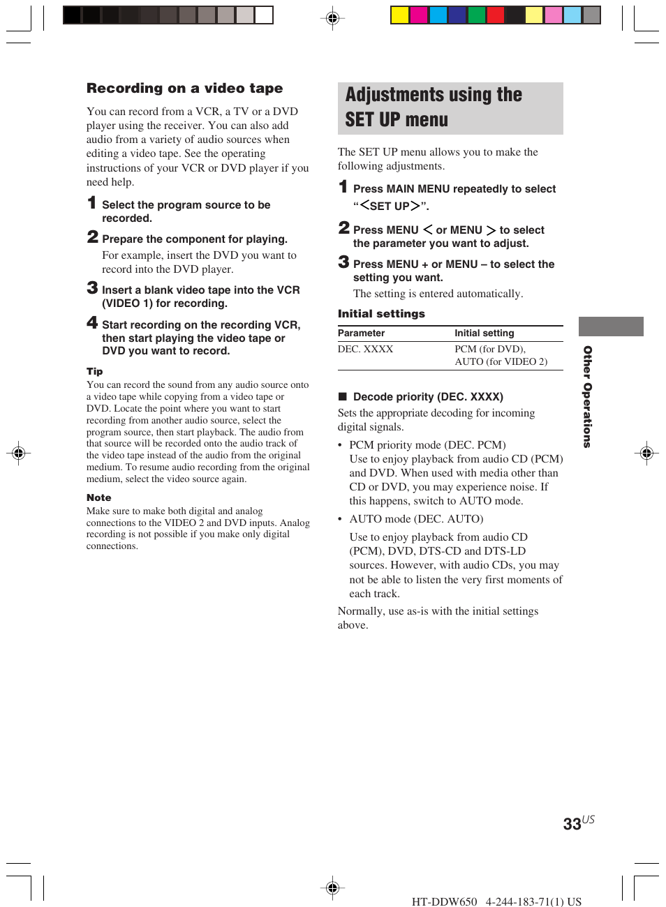 Adjustments using the set up, Menu, Adjustments using the set up menu | Sony HT-DDW650 User Manual | Page 33 / 48