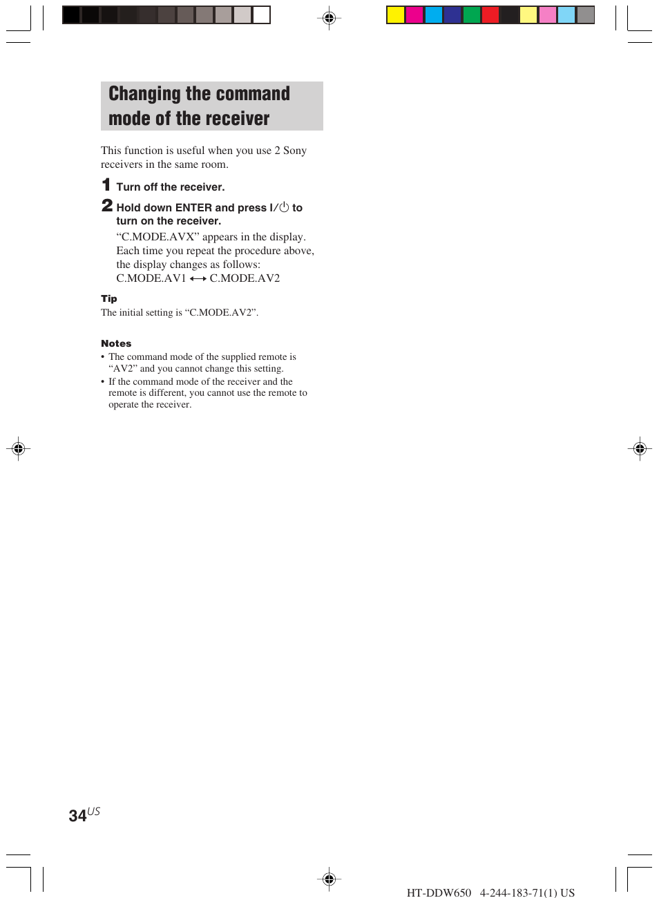 Changing the command mode of the, Receiver, Changing the command mode of the receiver | Sony HT-DDW650 User Manual | Page 34 / 48
