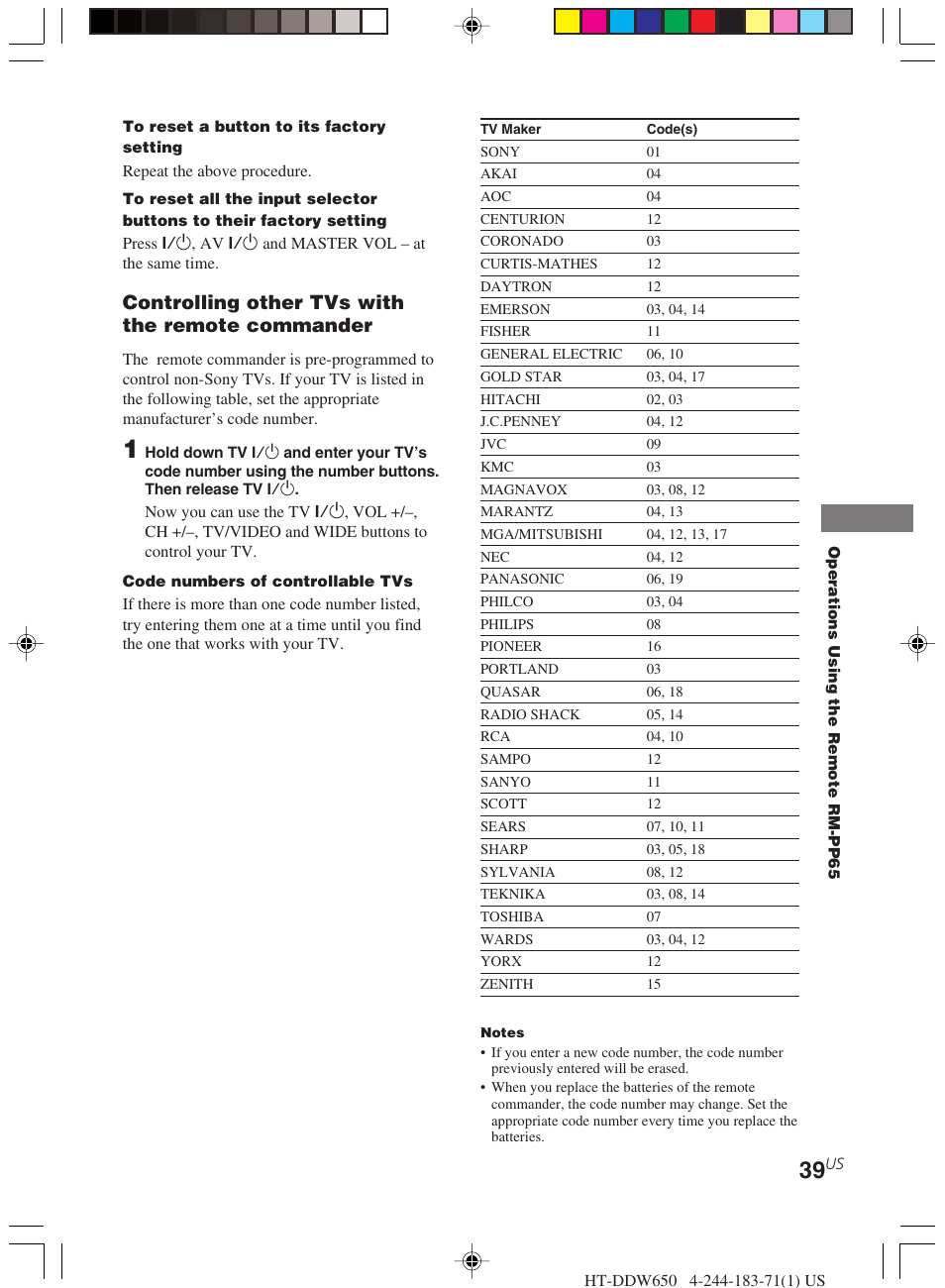 Controlling other tvs with the remote commander | Sony HT-DDW650 User Manual | Page 39 / 48