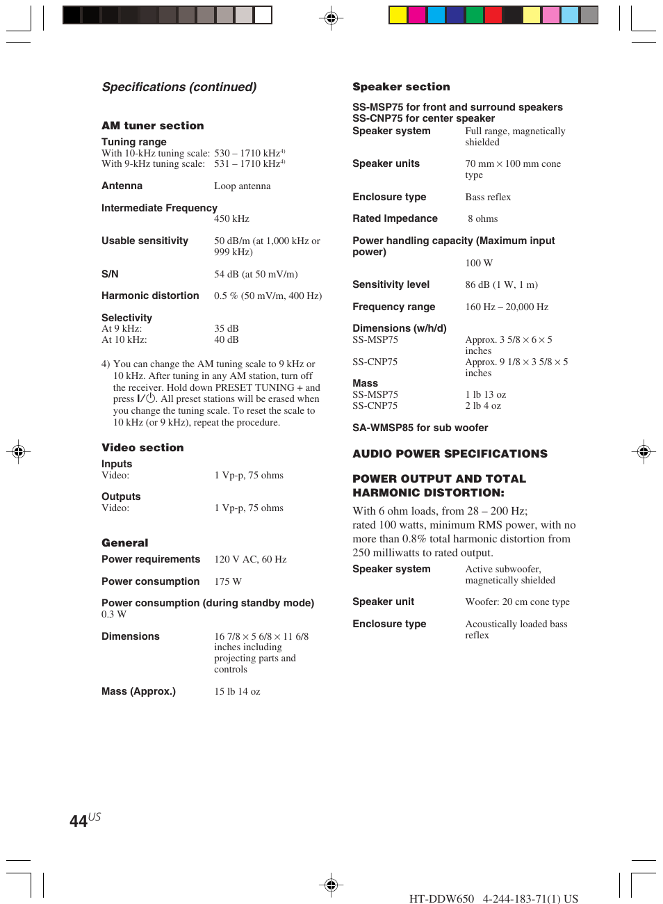 Specifications (continued) | Sony HT-DDW650 User Manual | Page 44 / 48