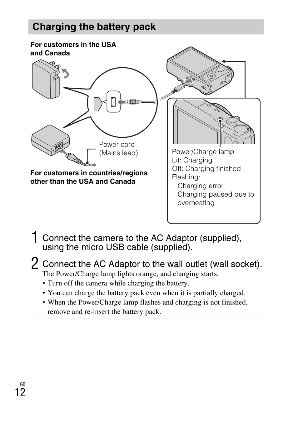 Charging the battery pack | Sony DSC-HX30V User Manual | Page 12 / 68