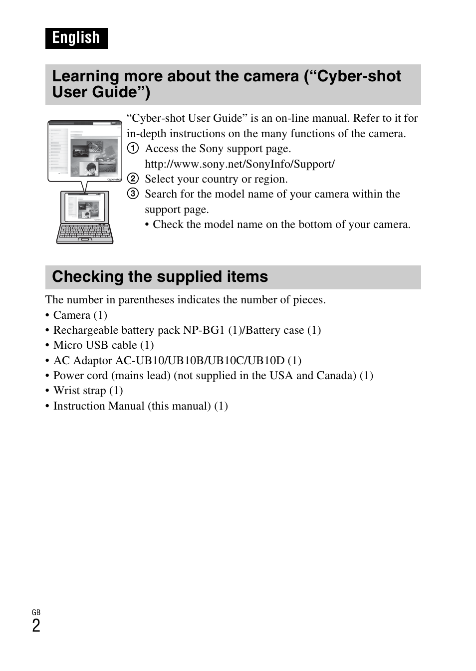 English, Checking the supplied items | Sony DSC-HX30V User Manual | Page 2 / 68