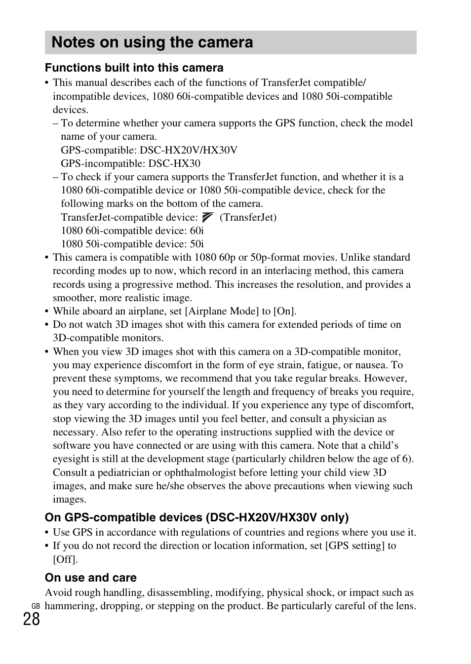 Notes on using the camera | Sony DSC-HX30V User Manual | Page 28 / 68