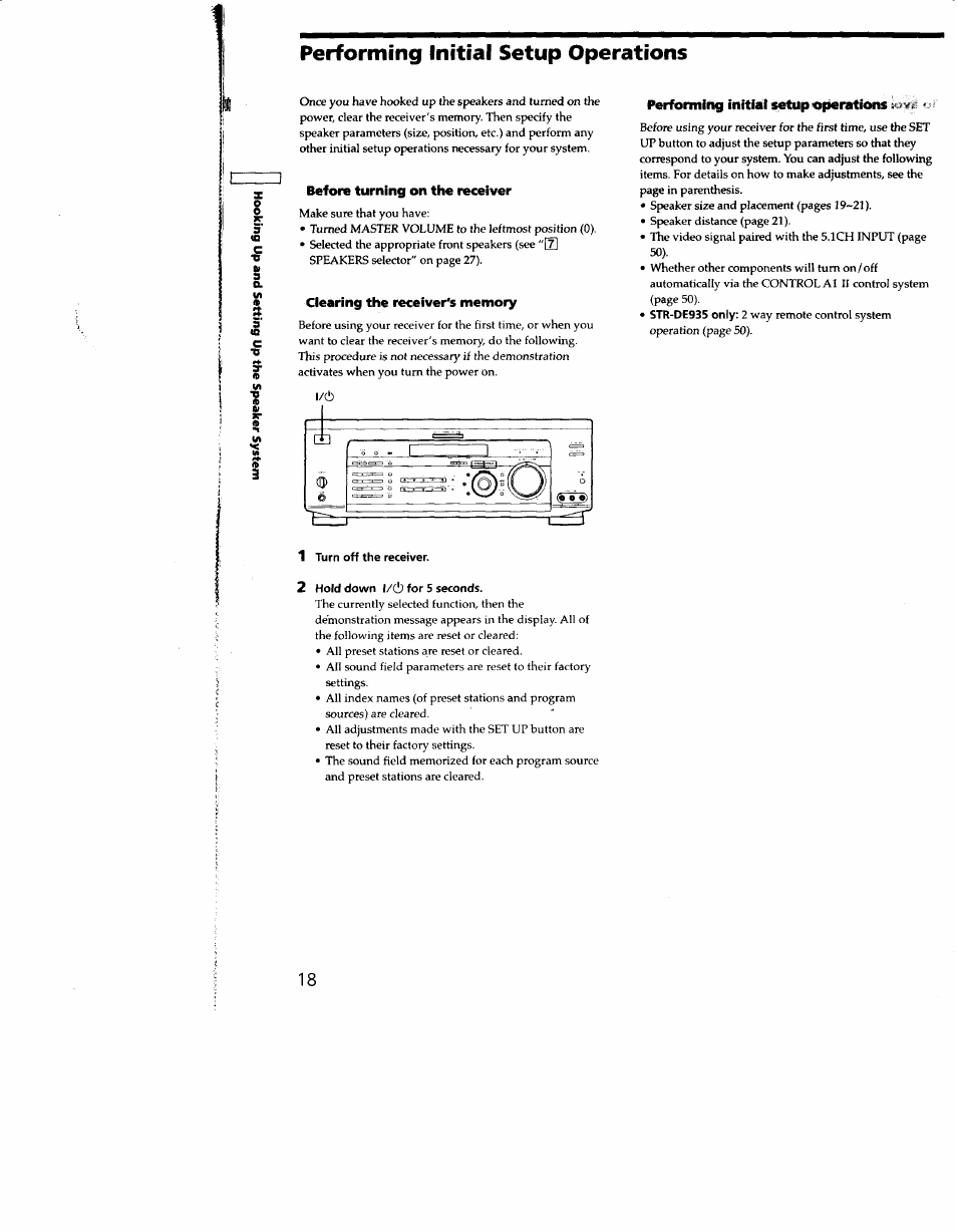 Performing initial setup operations, Before turning on the receiver, Clearing the receiver's memory | Performing initial setup «operations | Sony STR-DE935 User Manual | Page 17 / 56