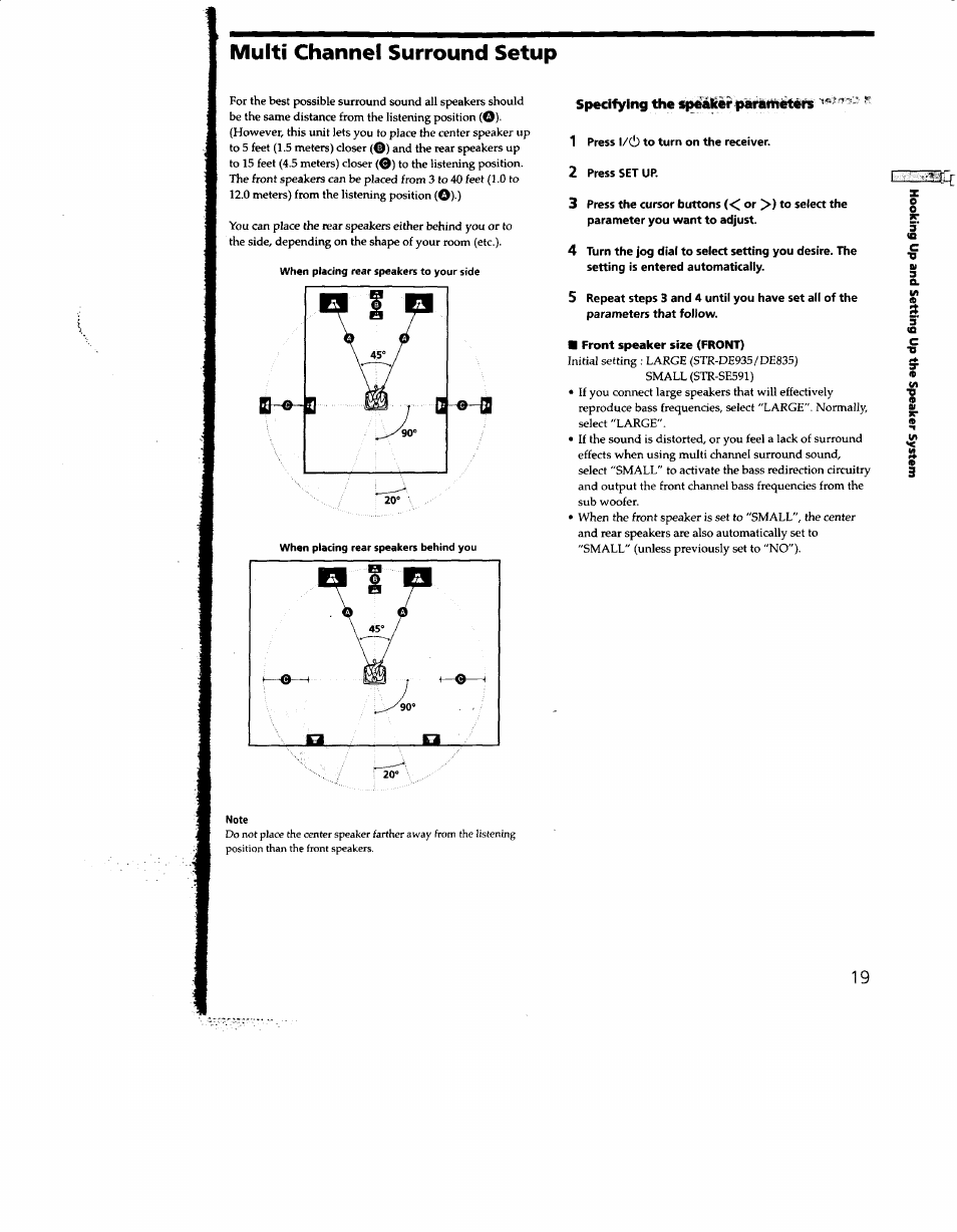 Multi channel surround setup, Specifying the s|m"akir parthiiten, 1 press 1/(1) to turn on the receiver | 2 press set up | Sony STR-DE935 User Manual | Page 18 / 56