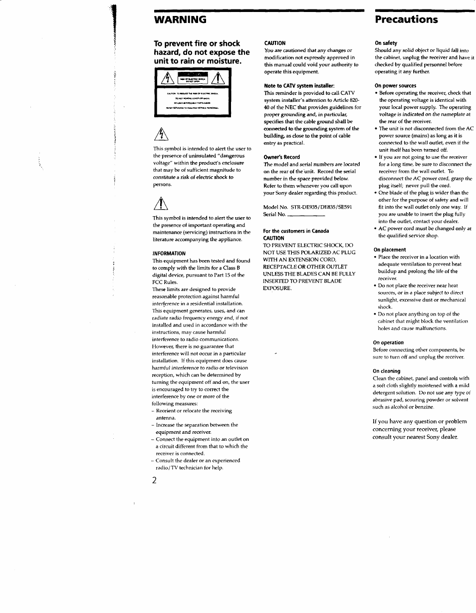 Precautions, Warning precautions | Sony STR-DE935 User Manual | Page 2 / 56