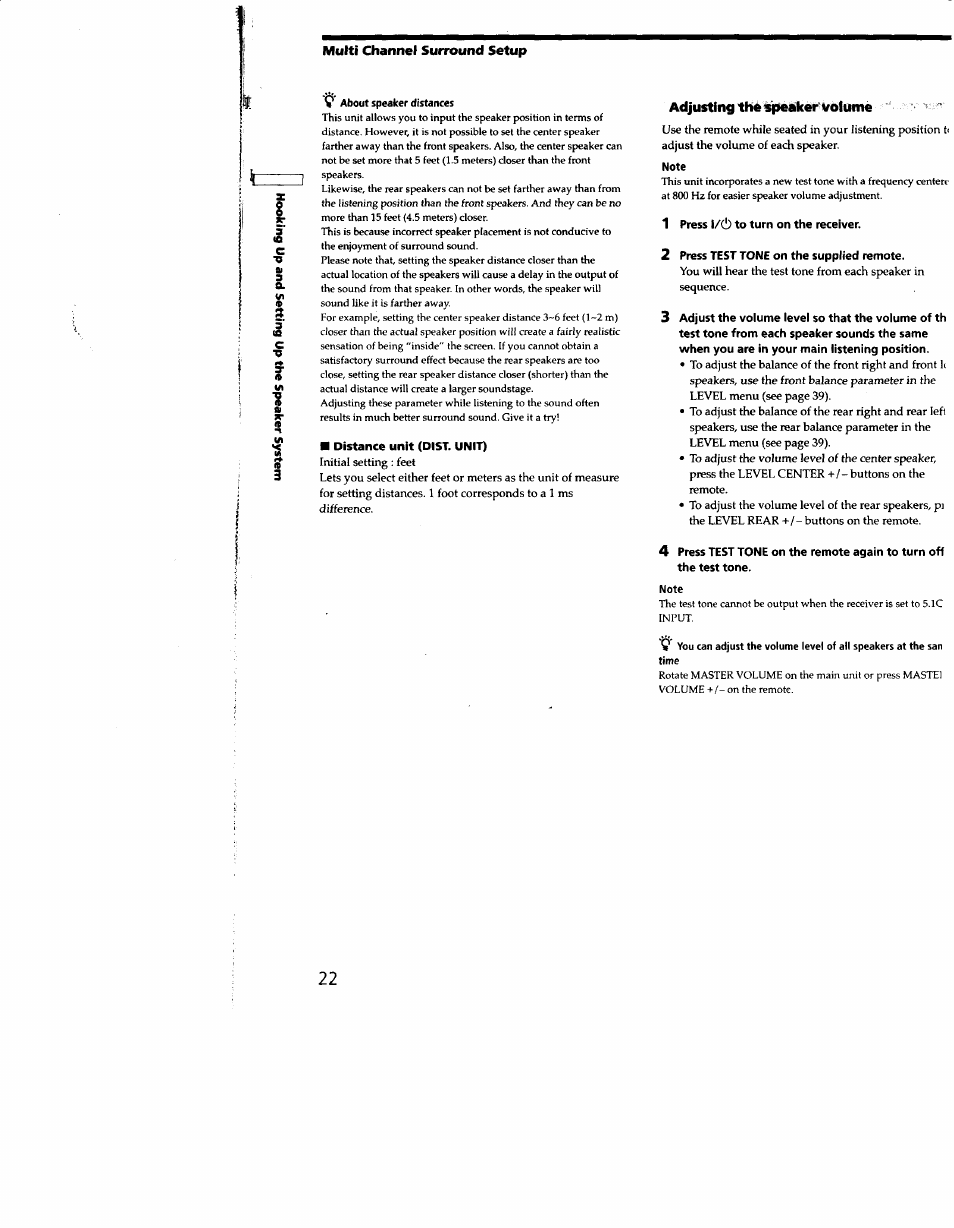 Ç about speaker distances, Distance unit (dist. unit), Adjusting thй п^alcer volume | Note, 1 press 1/ô to turn on the receiver, 2 press test tone on the supplied remote | Sony STR-DE935 User Manual | Page 21 / 56