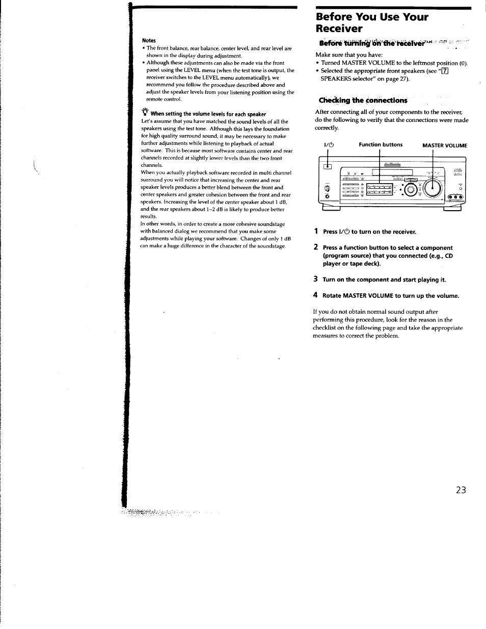 Before you use your receiver, Chedcing the jfionhections, 1 press 1/(1) to turn on the receiver | 3 turn on the component and start playing it, 4 rotate master volume to turn up the volume | Sony STR-DE935 User Manual | Page 22 / 56