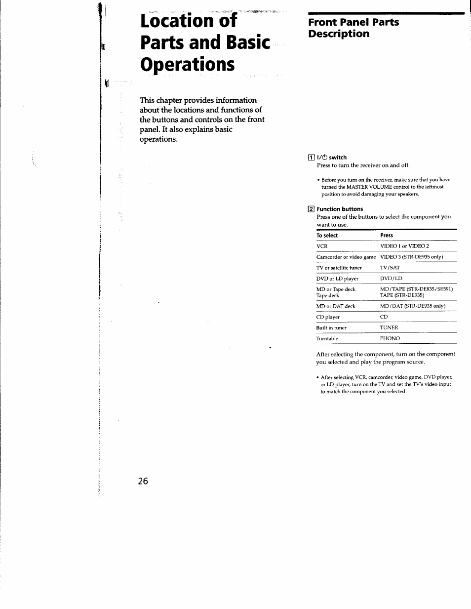 Location of parts and basic operations, Q] l/(!) switch, O function buttons | Front panel parts description | Sony STR-DE935 User Manual | Page 25 / 56
