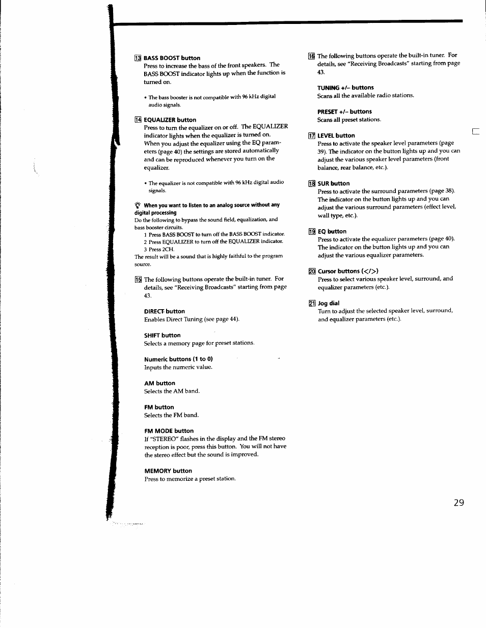 01 bass boost button, Ш equauzer button, Direct- button | Shift button, Numeric buttons (1 to 0), Am button, Fm button, Fm mode button, Memory button, Tuning +/- buttons | Sony STR-DE935 User Manual | Page 28 / 56