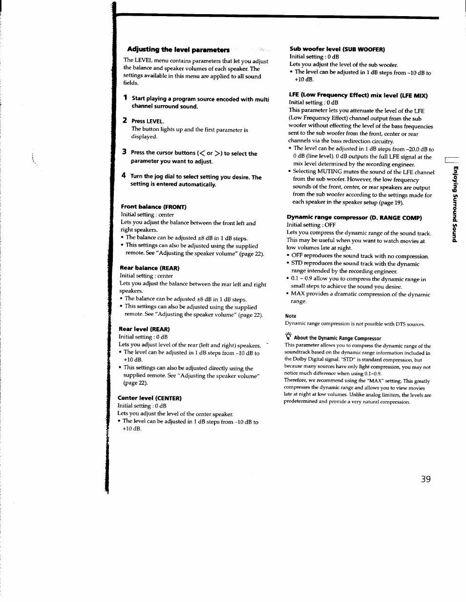 Adjusting the level parameters, 2 press level | Sony STR-DE935 User Manual | Page 37 / 56