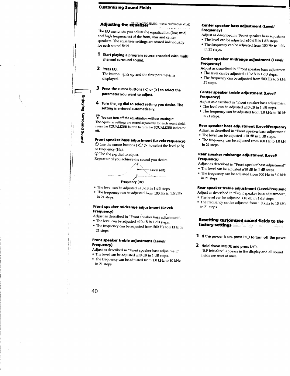 Adjusting the fs, 2 press eq, 2 hold down mode and press l/(i) | Sony STR-DE935 User Manual | Page 38 / 56