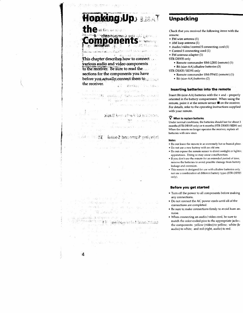 Fiodking^upi the, Unpacking, Inserting batteries into the remote | Before you get started, Fiodking^upi | Sony STR-DE935 User Manual | Page 4 / 56