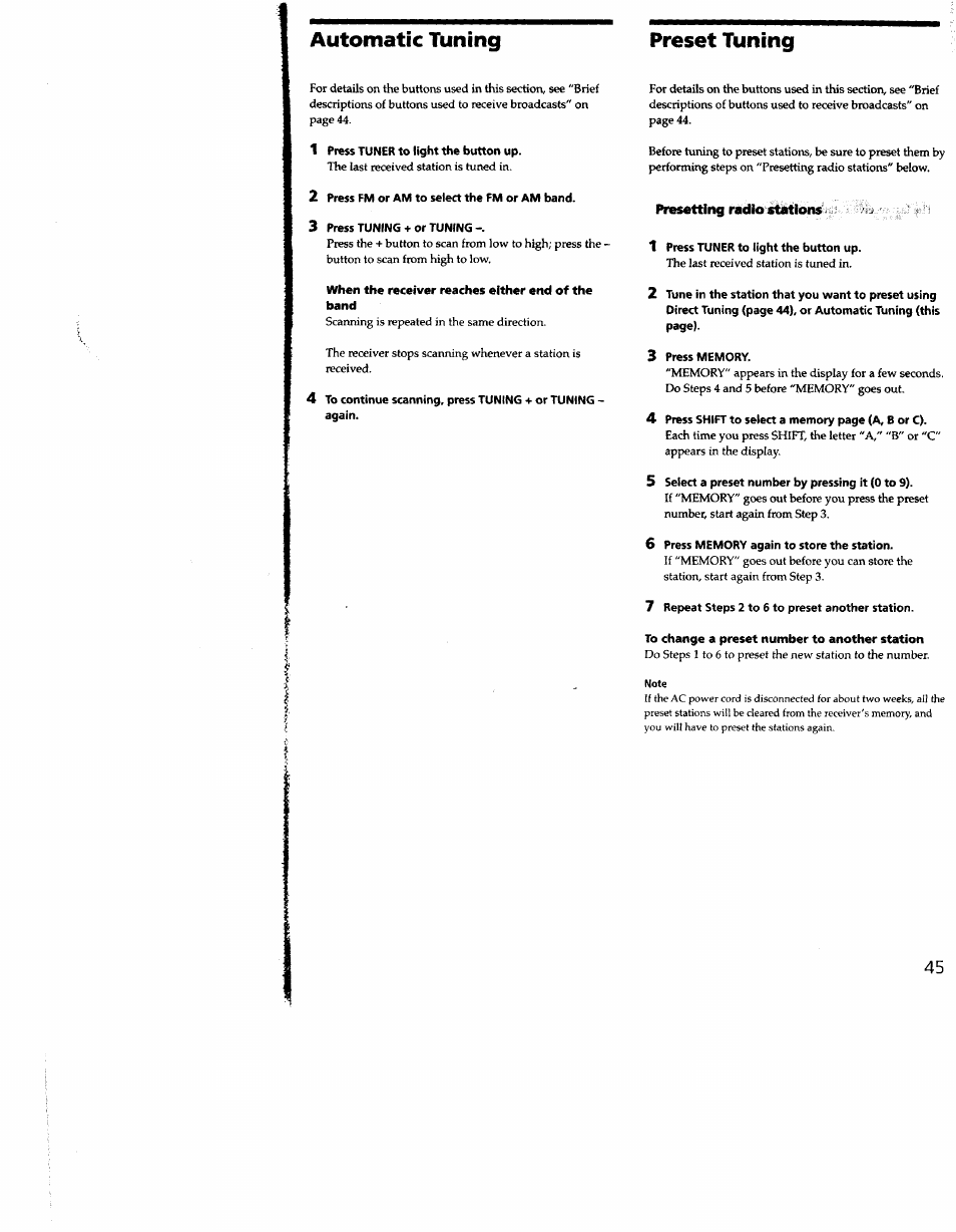 Automatic tuning, 1 press tuner to light the button up, 2 press fm or am to select the fm or am band | 3 press tuning + or tuning, Presetting radioitatlon, 3 press memory, 5 select a preset number by pressing it (0 to 9), 6 press memory again to store the station, 7 repeat steps 2 to 6 to preset another station, To change a preset number to another station | Sony STR-DE935 User Manual | Page 43 / 56