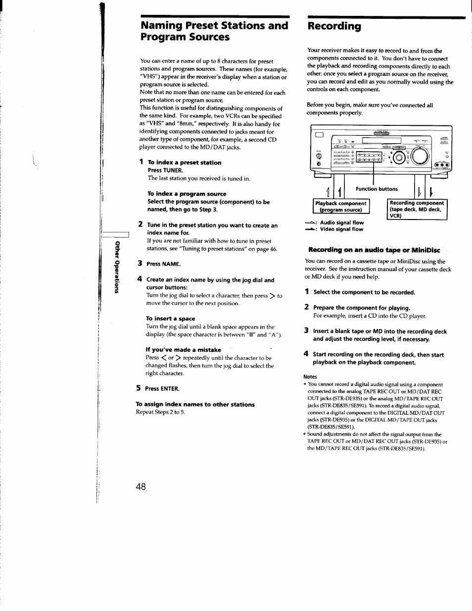 Naming preset stations and program sources, Recording, Recording on an audio tape or minidisc | Sony STR-DE935 User Manual | Page 46 / 56