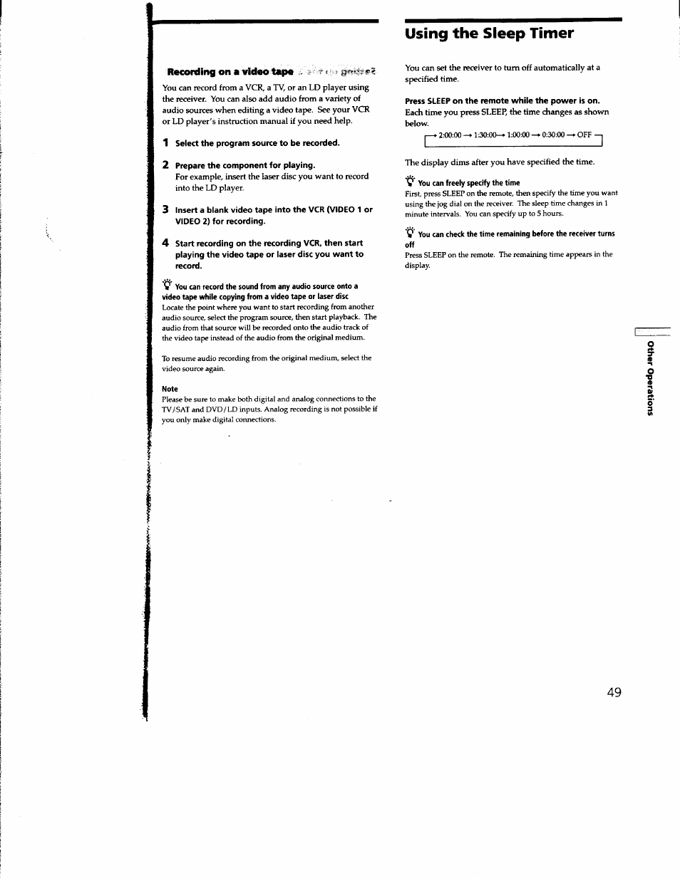 Recording on a video tape, 1 select the program source to be recorded, 2 prepare the component for playing | Using the sleep timer, Press sleep on the remote while the power is on | Sony STR-DE935 User Manual | Page 47 / 56