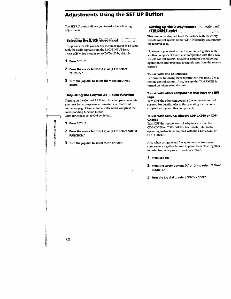 Adjustments using the set up button, 1 press set up, Adjusting the control a1 n auto function | 3 turn the jog dial to select “on" or "off, 3 turn the jog dial to select "on" or "off, Selling |he^.t<^vidm | Sony STR-DE935 User Manual | Page 48 / 56