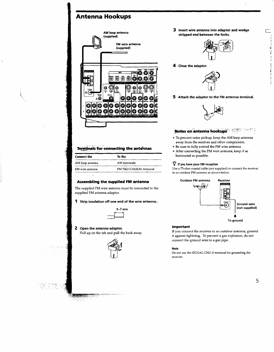 Antenna hookups, Terminals for connecting the ante'nnas, Assembling the supplied fm antenna | 2 open the antenna adaptor, 4 close the adaptor, 5 attach the adaptor to the fm antenna terminal, Notes on antenna hookups | Sony STR-DE935 User Manual | Page 5 / 56