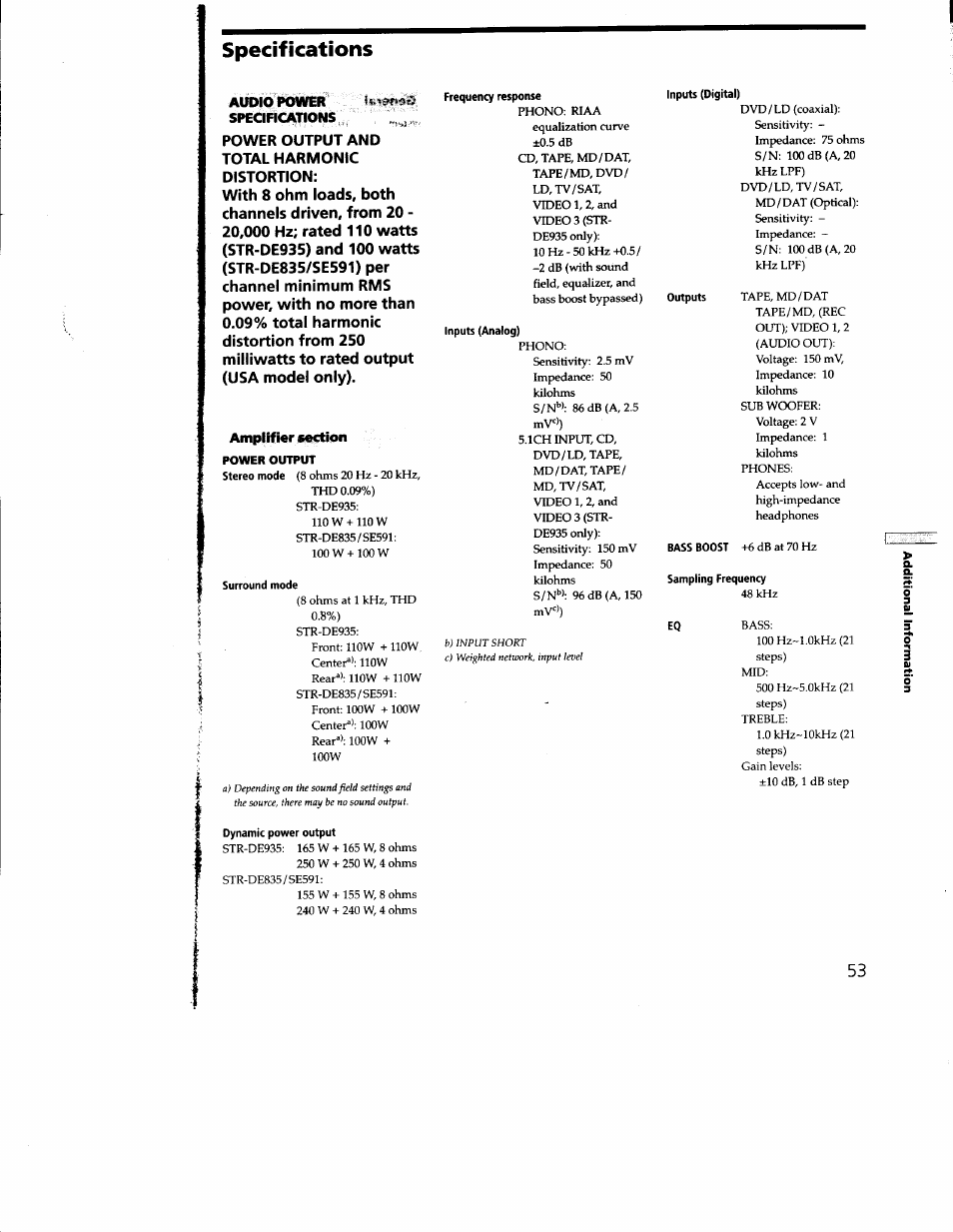 Specifications, Audio power specifications, Amplifier section | Surround mode, Frequency response, Inputs (analog), Inputs (digital), Sampling frequency, Dynamic power output, Channel minimum rms | Sony STR-DE935 User Manual | Page 51 / 56