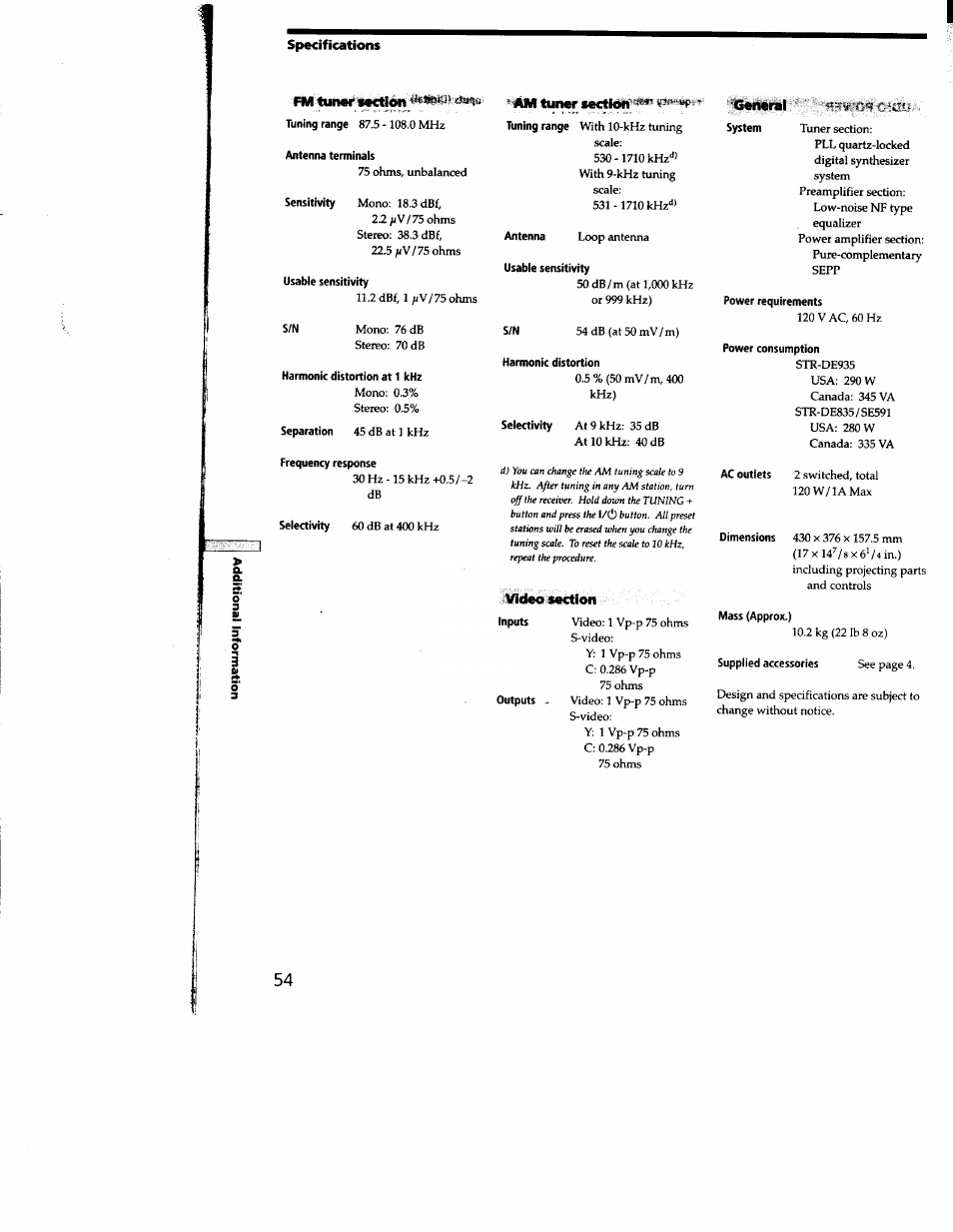 Specifications ^fm tunm'sectiàn, Antenna terminals, Usable sensitivity | Harmonic distortion at 1 khz, Frequency response, Tuiw section, Harmonic distortion, Video section, Power requirements, Power consumption | Sony STR-DE935 User Manual | Page 52 / 56