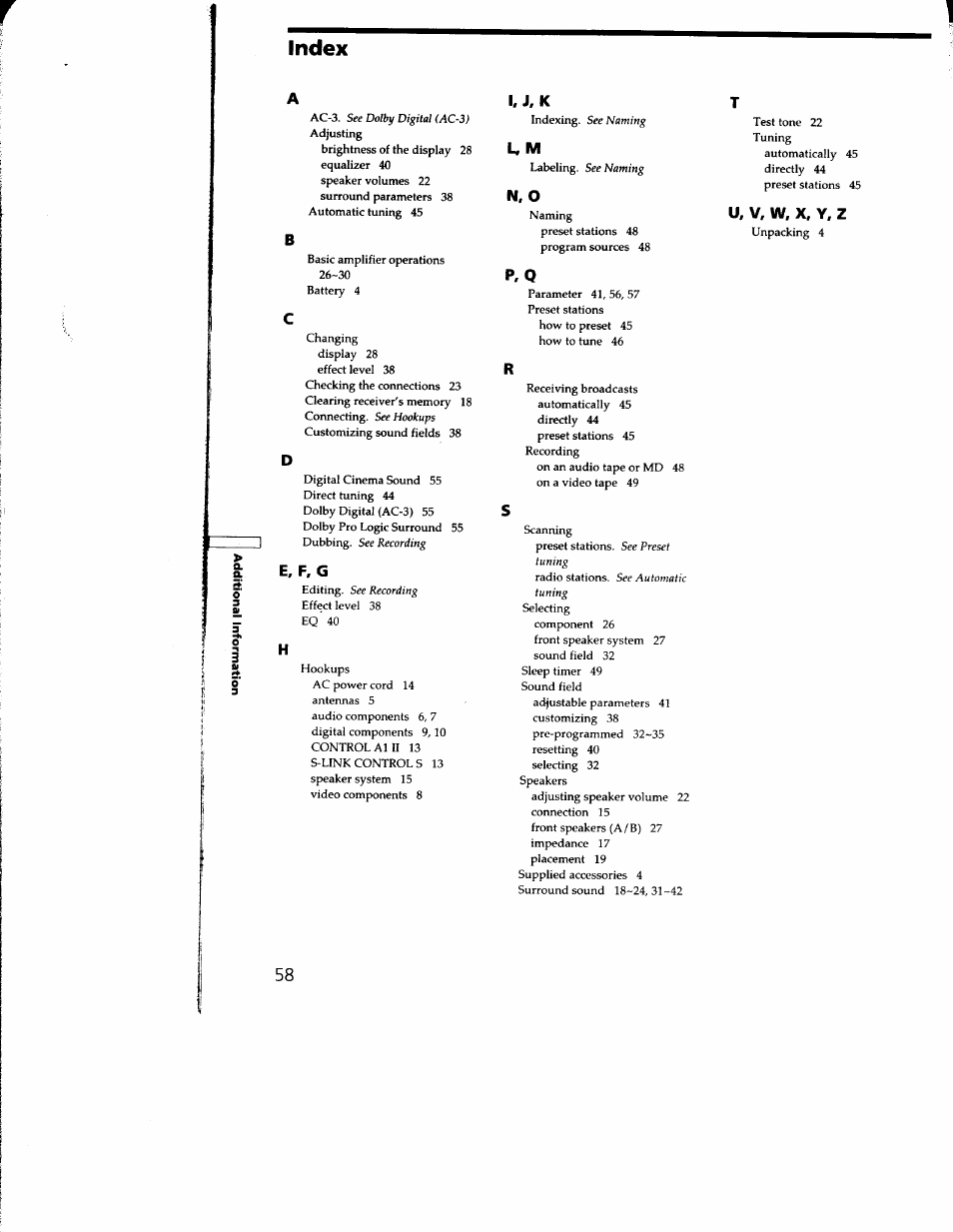 Index | Sony STR-DE935 User Manual | Page 56 / 56