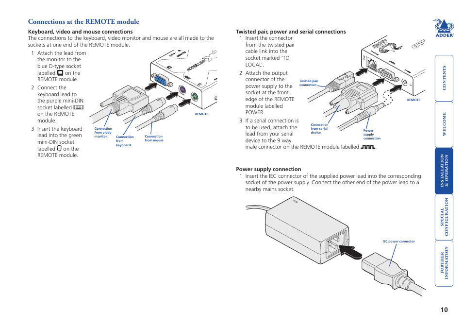 Connections at the remote module | Adder Technology ADDERLINK X2 User Manual | Page 11 / 26