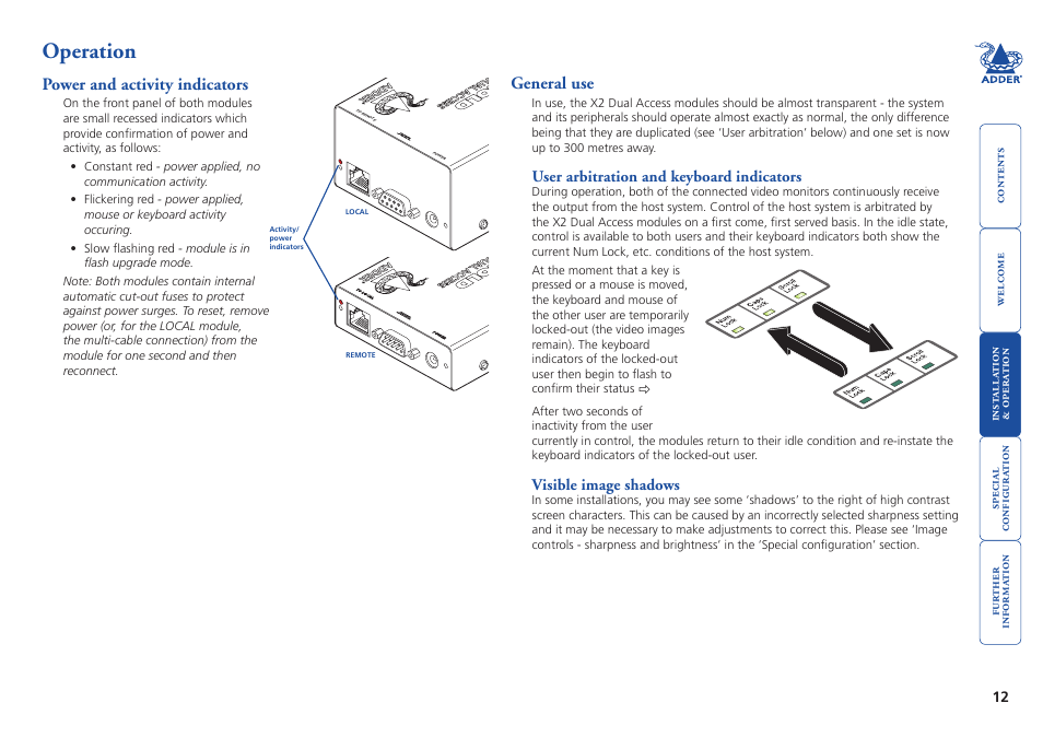 Operation, Power and activity indicators, General use | User arbitration and keyboard indicators, Visible image shadows, 12 general use, 12 visible image shadows | Adder Technology ADDERLINK X2 User Manual | Page 13 / 26