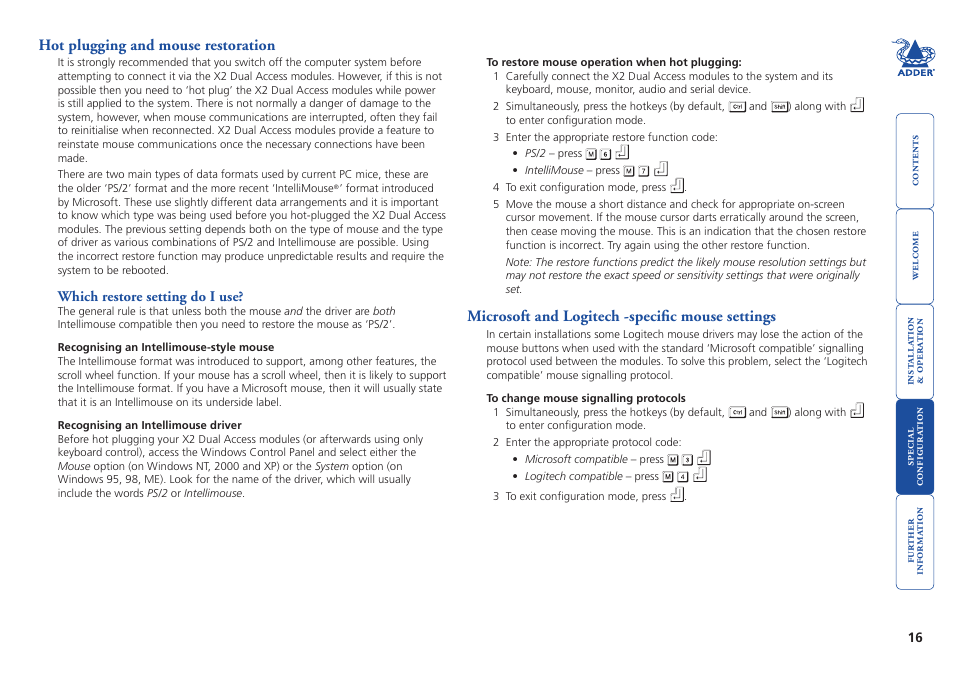 Hot plugging and mouse restoration, Which restore setting do i use, Microsoft and logitech -specific mouse settings | Adder Technology ADDERLINK X2 User Manual | Page 17 / 26