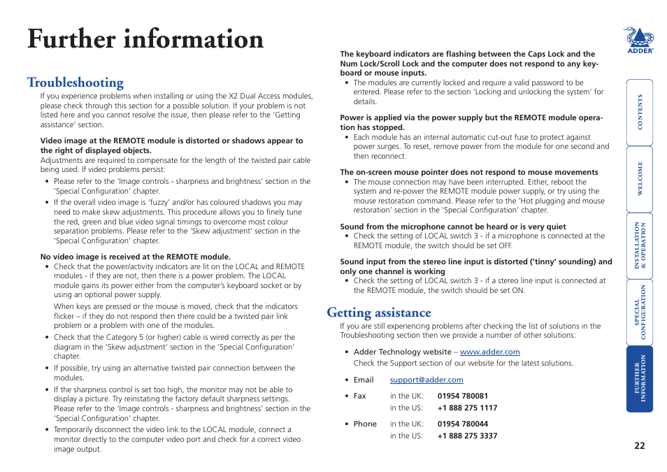Further information, Troubleshooting, Getting assistance | 22 getting assistance | Adder Technology ADDERLINK X2 User Manual | Page 23 / 26