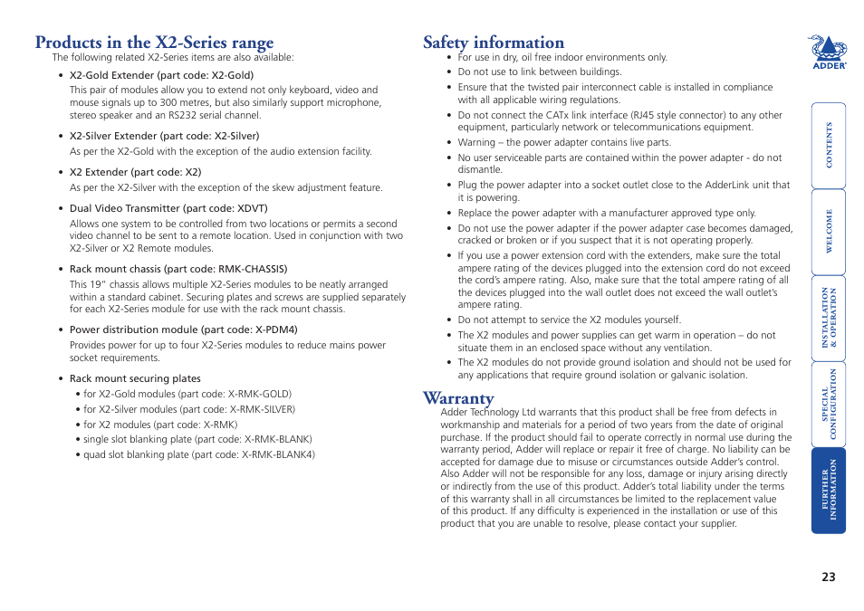 Products in the x2-series range, Safety information, Warranty | Adder Technology ADDERLINK X2 User Manual | Page 24 / 26