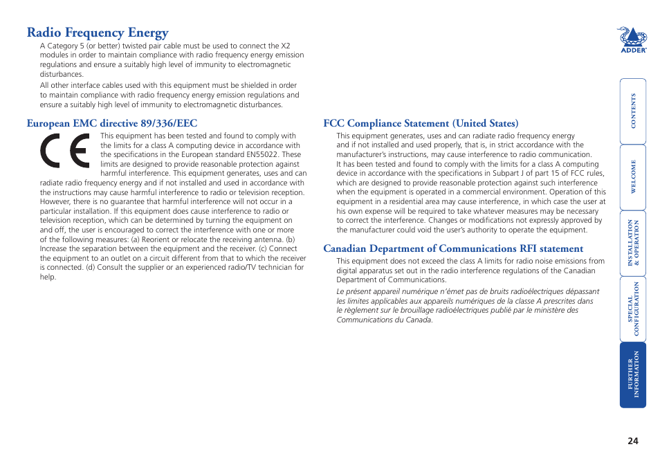 Radio frequency energy | Adder Technology ADDERLINK X2 User Manual | Page 25 / 26