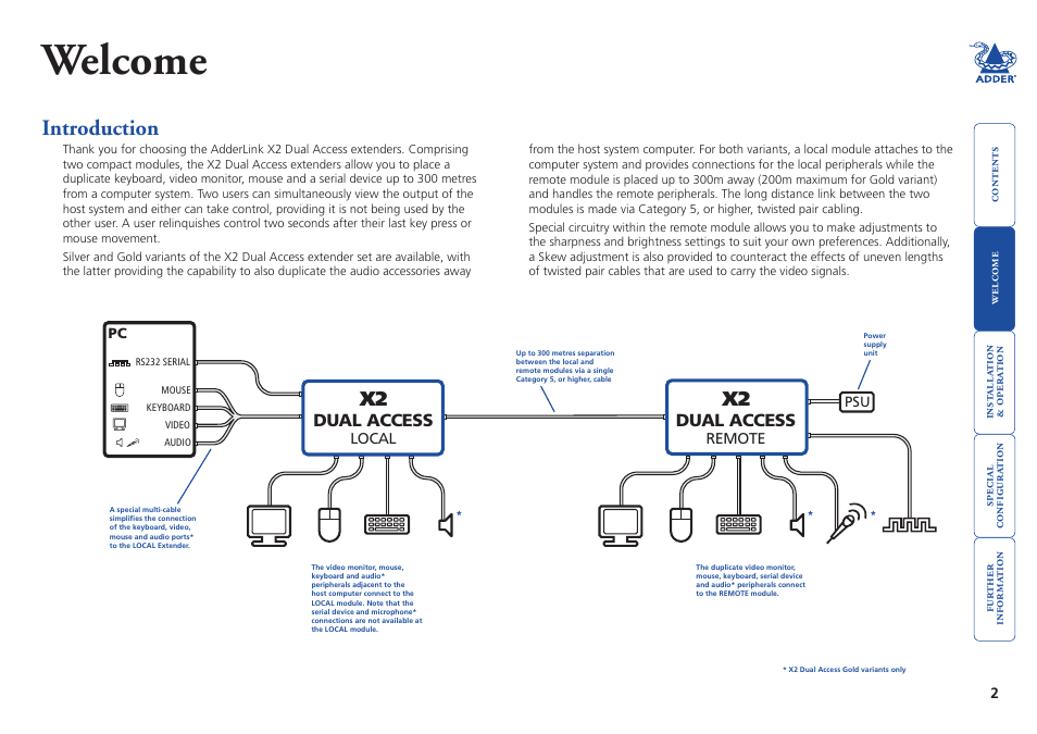 Welcome, Introduction, Dual access | Adder Technology ADDERLINK X2 User Manual | Page 3 / 26