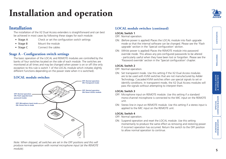Installation and operation, Installation, Stage a - configuration switch settings | Local module switches | Adder Technology ADDERLINK X2 User Manual | Page 6 / 26