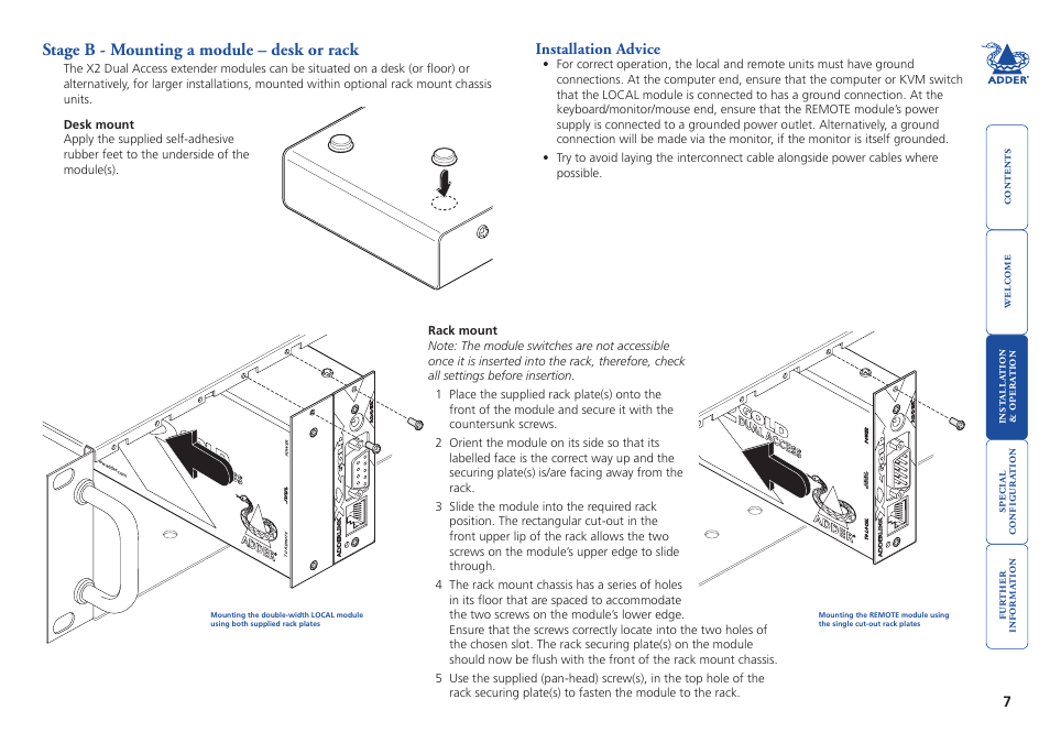 Stage b - mounting a module – desk or rack, Installation advice | Adder Technology ADDERLINK X2 User Manual | Page 8 / 26