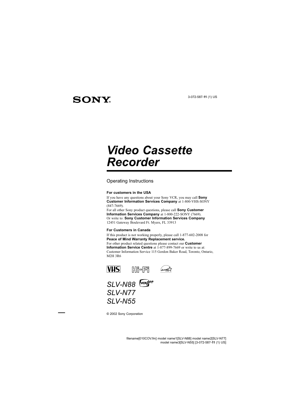 Sony SLV-N77 User Manual | 72 pages