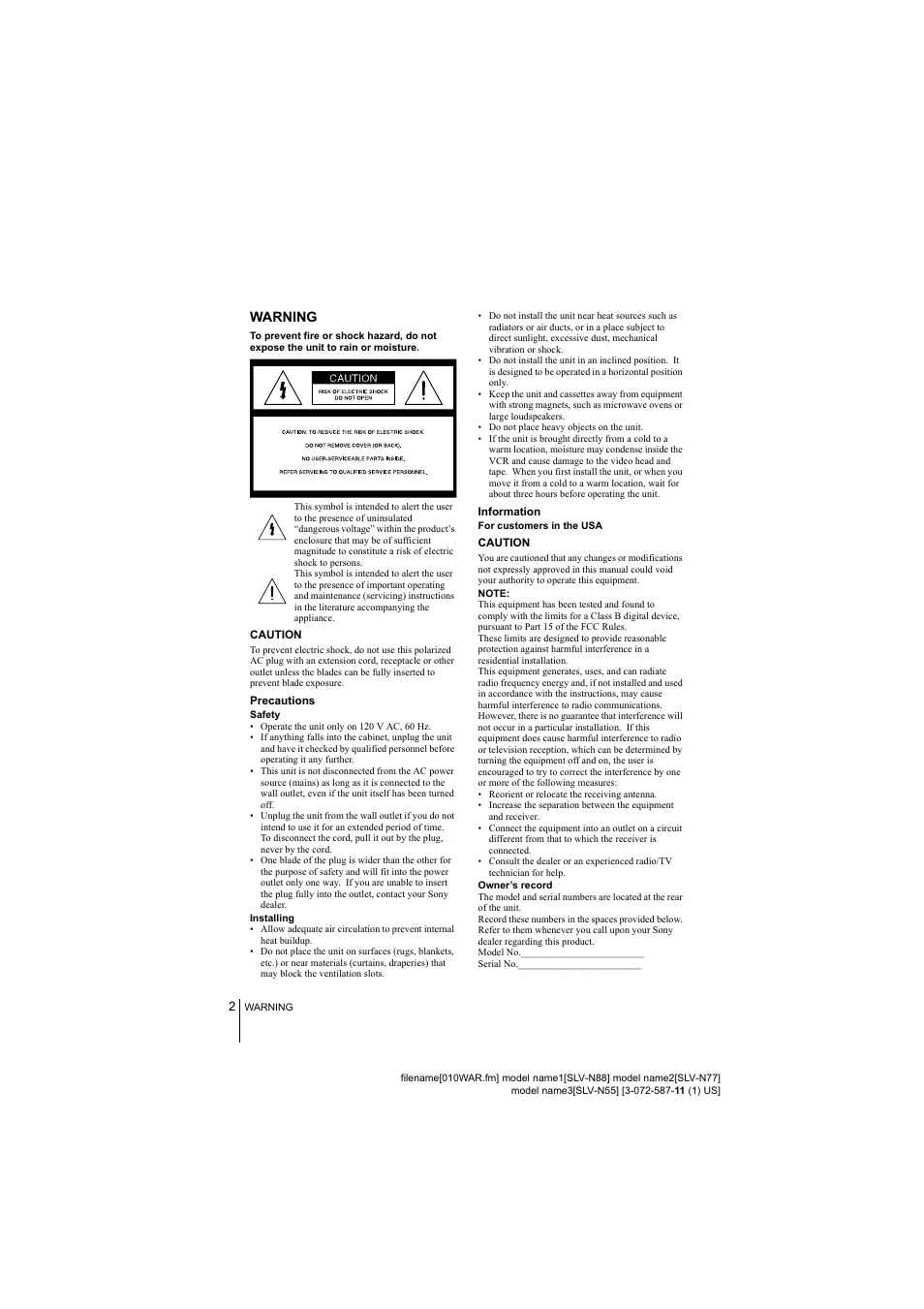 Caution, Precautions, Safety | Installing, Information, For customers in the usa, Note, Owner’s record | Sony SLV-N77 User Manual | Page 2 / 72