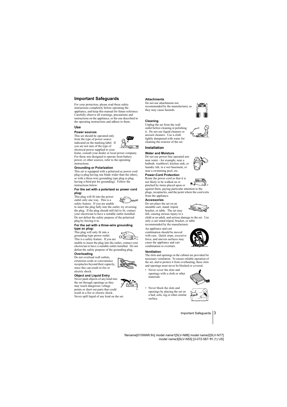Important safeguards, Power sources, Grounding or polarization | For the set with a polarized ac power cord plug, Object and liquid entry, Attachments, Cleaning, Installation, Water and moisture, Ventilation | Sony SLV-N77 User Manual | Page 3 / 72