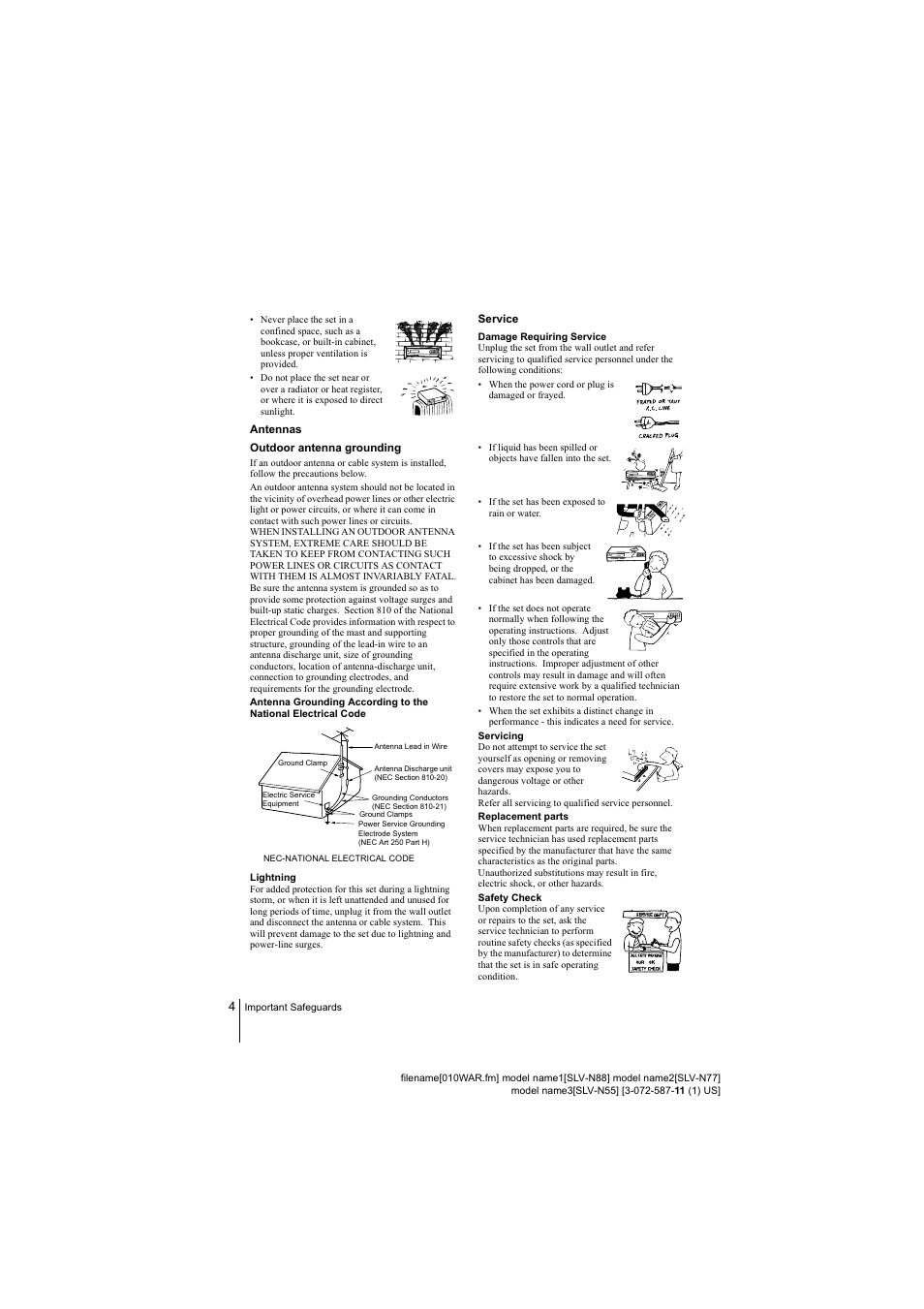 Antennas, Outdoor antenna grounding, Lightning | Service, Damage requiring service, Servicing, Replacement parts | Sony SLV-N77 User Manual | Page 4 / 72